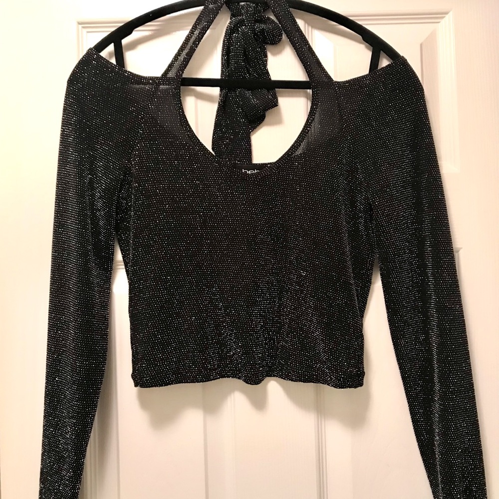 NEW Bebe Cold Shoulder Halter Top Black & Silver Metallic Blend Knit.  Size Med